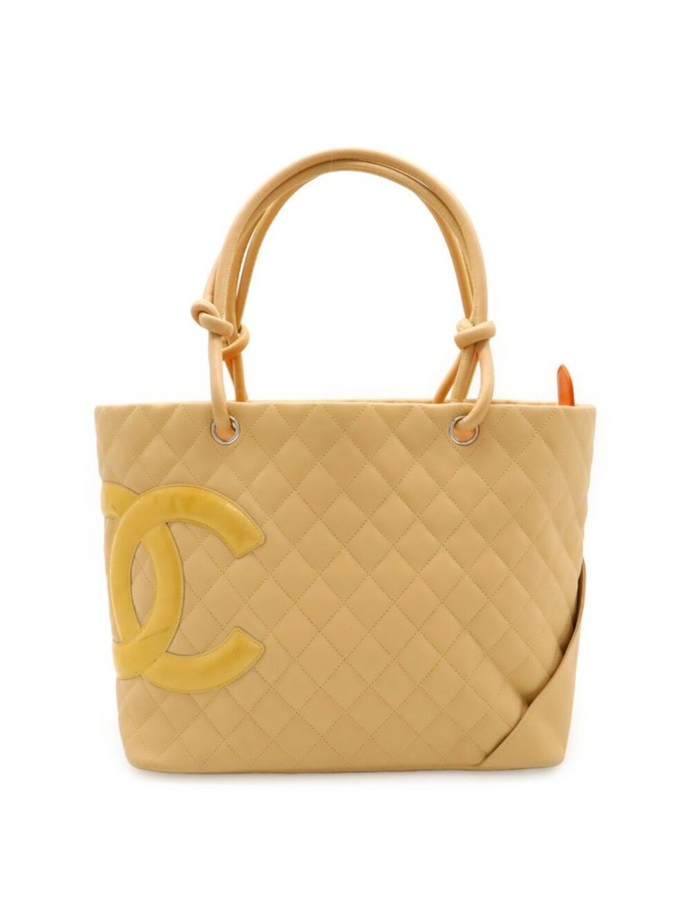 Chanel Cambon Line CC Logo Large Tote Shoulder Bag Soft Calf Enamel Beige Yellow